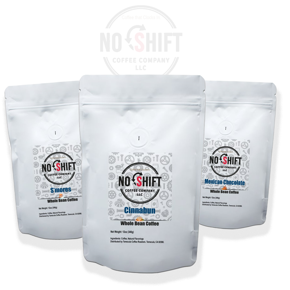 No Shift Coffee Company | The Sweet Pack — 3-Bag Coffee Bundle | Cinnabun, S’mores & Mexican Chocolate | 12oz Each
