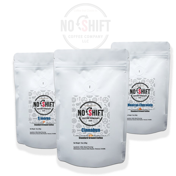No Shift Coffee Company | The Sweet Pack — 3-Bag Coffee Bundle | Cinnabun, S’mores & Mexican Chocolate | 12oz Each